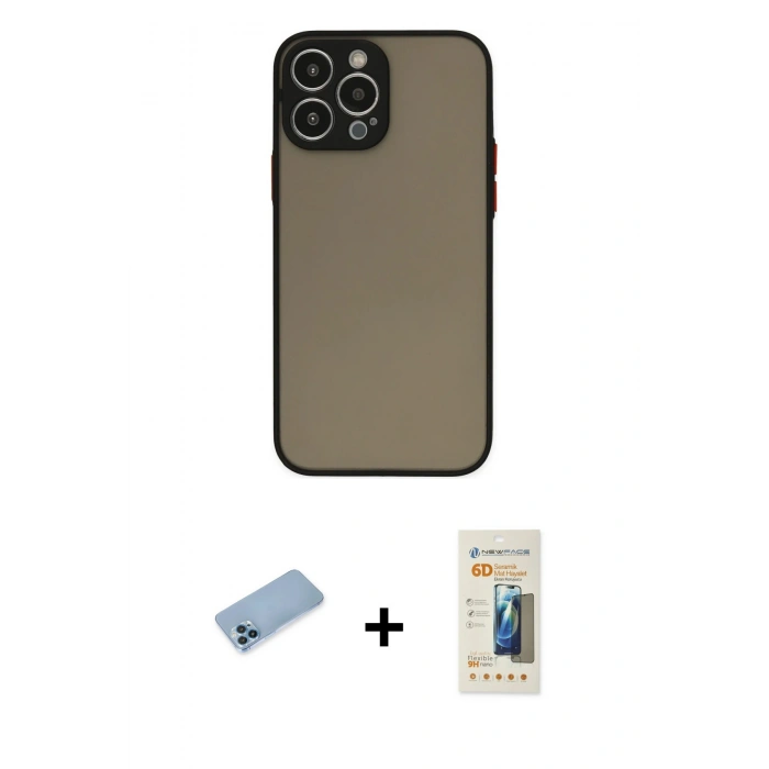 MARSİLYAN™- iPhone 13 Pro Max Kılıf Ahenk Çizgi Serisi - Siyah 6D Mat Seramik Hayalet Nano Ekran Koruyucu + Shine Kamera Lens Koruma Cam - MI