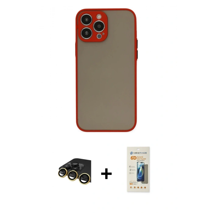 MARSİLYAN™- iPhone 13 Pro Max Kılıf Ahenk Çizgi Serisi - Siyah 6D Mat Seramik Hayalet Nano Ekran Koruyucu + Raze Metal Kamera Lens - GD