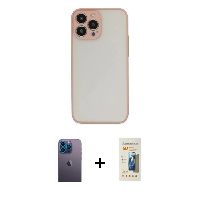 MARSİLYAN™- iPhone 13 Pro Max Kılıf Ahenk Çizgi Serisi - Siyah 6D Mat Seramik Hayalet Nano Ekran Koruyucu + Neon Fosforlu Kamera Lens - MI