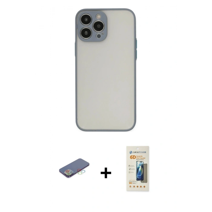 MARSİLYAN™- iPhone 13 Pro Max Kılıf Ahenk Çizgi Serisi - Siyah 6D Mat Seramik Hayalet Nano Ekran Koruyucu + Renkli Kamera Lens Koruma Cam - MI