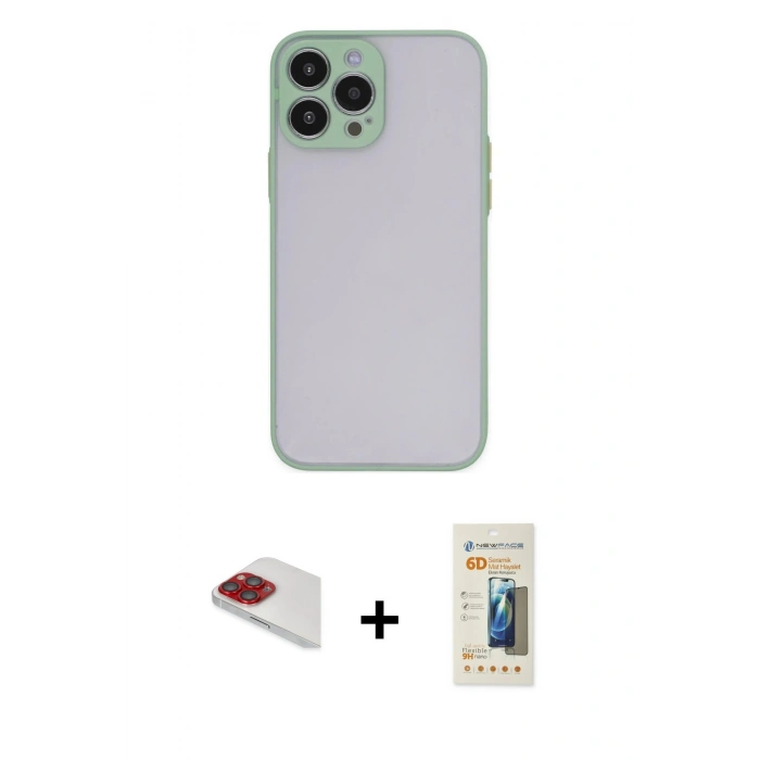 MARSİLYAN™- iPhone 13 Pro Max Kılıf Ahenk Çizgi Serisi - Siyah 6D Mat Seramik Hayalet Nano Ekran Koruyucu + Pers Alüminyum Kamera Lens - KI