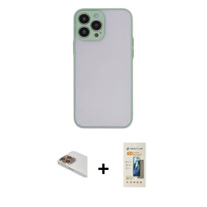 MARSİLYAN™- iPhone 13 Pro Max Kılıf Ahenk Çizgi Serisi - Siyah 6D Mat Seramik Hayalet Nano Ekran Koruyucu + Pers Alüminyum Kamera Lens - GD