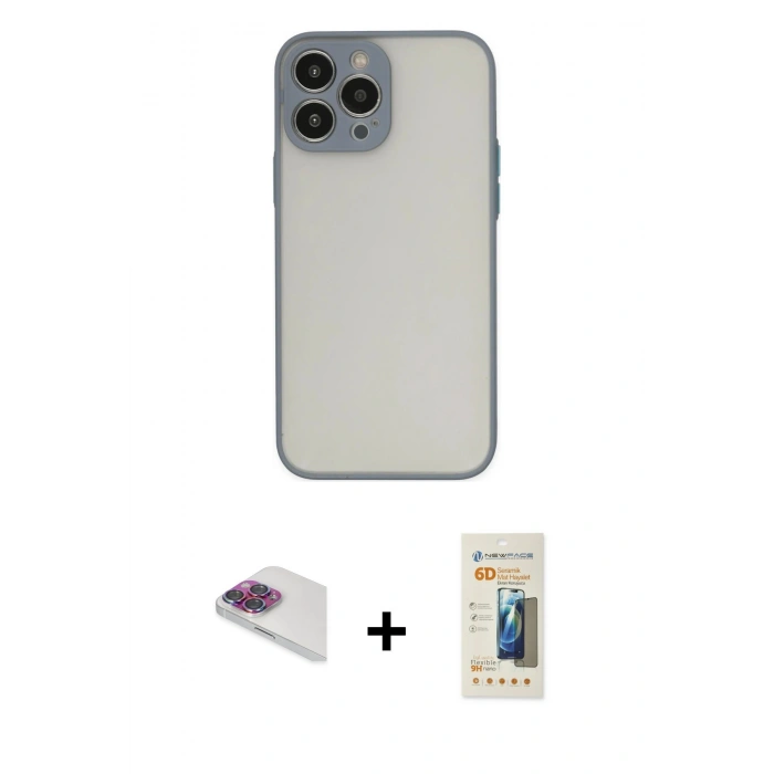 MARSİLYAN™- iPhone 13 Pro Max Kılıf Ahenk Çizgi Serisi - Siyah 6D Mat Seramik Hayalet Nano Ekran Koruyucu + Pers Alüminyum Kamera Lens - GI