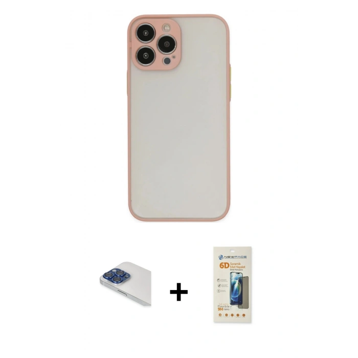 MARSİLYAN™- iPhone 13 Pro Max Kılıf Ahenk Çizgi Serisi - Siyah 6D Mat Seramik Hayalet Nano Ekran Koruyucu + Pers Alüminyum Kamera Lens - LT