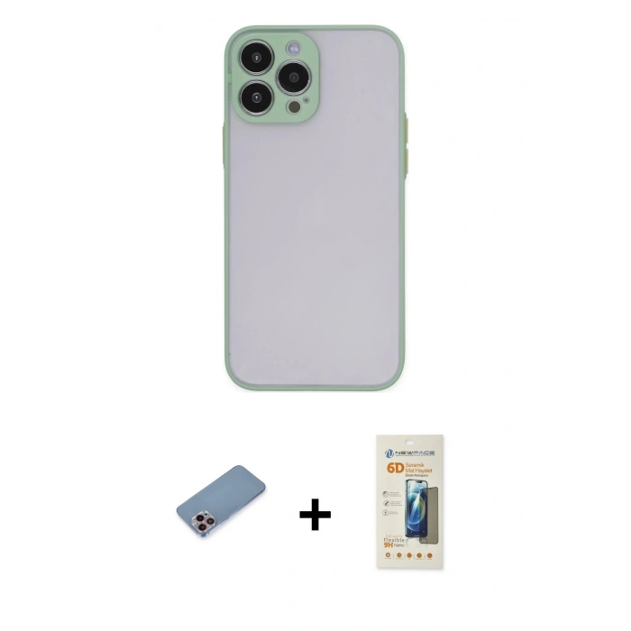 MARSİLYAN™- iPhone 13 Pro Max Kılıf Ahenk Çizgi Serisi - Siyah 6D Mat Seramik Hayalet Nano Ekran Koruyucu + Shine Kamera Lens Koruma Cam - PE