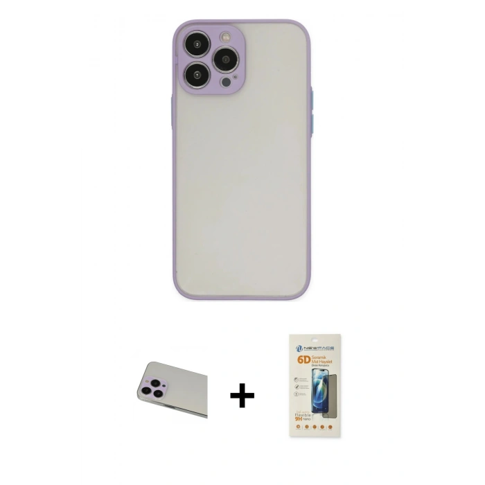 MARSİLYAN™- iPhone 13 Pro Max Kılıf Ahenk Çizgi Serisi - Siyah 6D Mat Seramik Hayalet Nano Ekran Koruyucu + Mor Rainbow Kamera Lens Koruma Cam