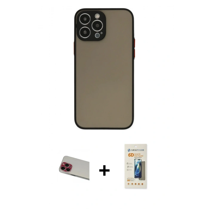 MARSİLYAN™- iPhone 13 Pro Max Kılıf Ahenk Çizgi Serisi - Siyah 6D Mat Seramik Hayalet Nano Ekran Koruyucu + Rainbow Kamera Lens Koruma Cam - KI