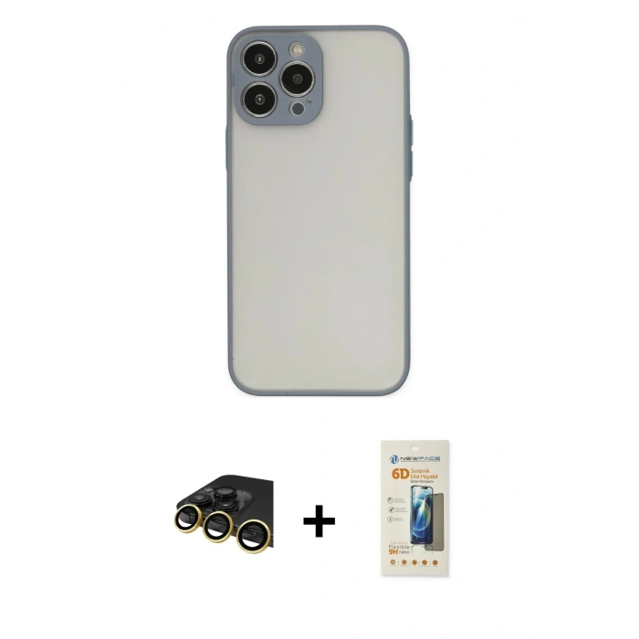 MARSİLYAN™- iPhone 13 Pro Max Kılıf Ahenk Çizgi Serisi - Siyah 6D Mat Seramik Hayalet Nano Ekran Koruyucu + Raze Metal Kamera Lens - GD