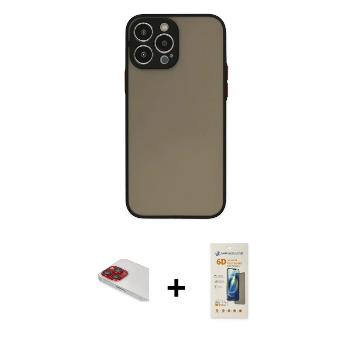 MARSİLYAN™- iPhone 13 Pro Max Kılıf Ahenk Çizgi Serisi - Siyah 6D Mat Seramik Hayalet Nano Ekran Koruyucu + Pers Alüminyum Kamera Lens - KI