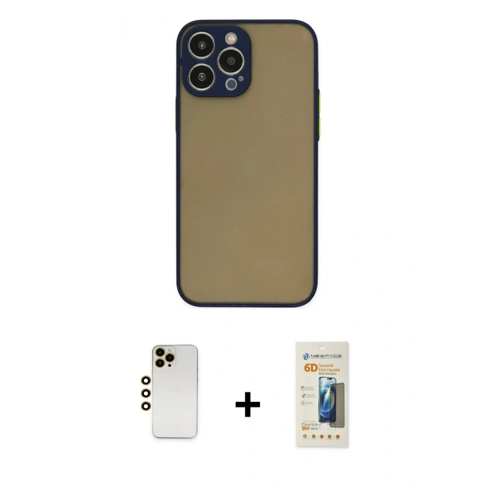 MARSİLYAN™- iPhone 13 Pro Max Kılıf Ahenk Çizgi Serisi - Siyah 6D Mat Seramik Hayalet Nano Ekran Koruyucu + Shine Kamera Lens - GD