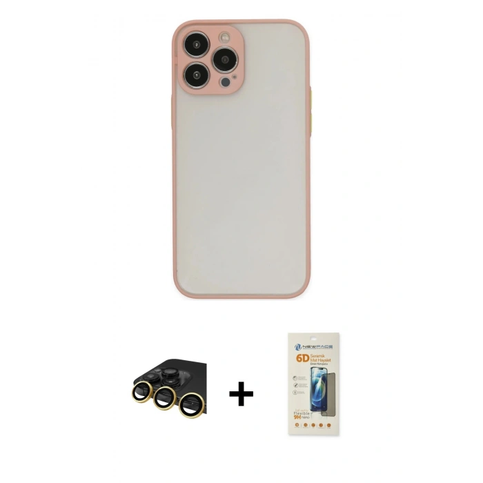 MARSİLYAN™- iPhone 13 Pro Max Kılıf Ahenk Çizgi Serisi - Siyah 6D Mat Seramik Hayalet Nano Ekran Koruyucu + Raze Metal Kamera Lens - GD