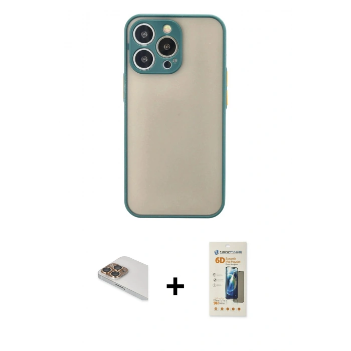 MARSİLYAN™- iPhone 13 Pro Max Kılıf Ahenk Çizgi Serisi - Siyah 6D Mat Seramik Hayalet Nano Ekran Koruyucu + Pers Alüminyum Kamera Lens - GD