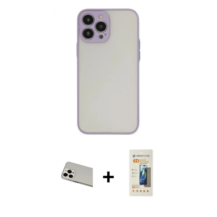 MARSİLYAN™- iPhone 13 Pro Max Kılıf Ahenk Çizgi Serisi - Siyah 6D Mat Seramik Hayalet Nano Ekran Koruyucu + Rainbow Kamera Lens Koruma Cam - BZ