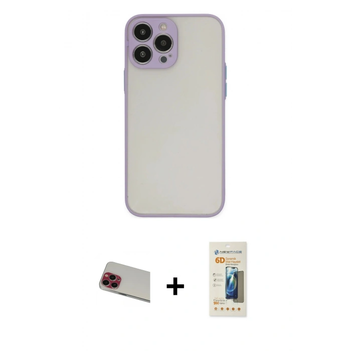 MARSİLYAN™- iPhone 13 Pro Max Kılıf Ahenk Çizgi Serisi - Siyah 6D Mat Seramik Hayalet Nano Ekran Koruyucu + Rainbow Kamera Lens Koruma Cam - KI