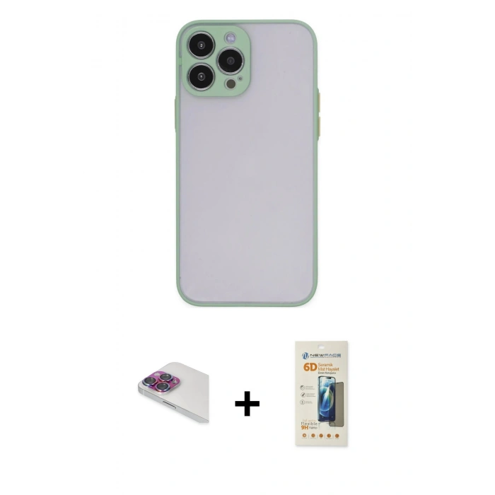 MARSİLYAN™- iPhone 13 Pro Max Kılıf Ahenk Çizgi Serisi - Siyah 6D Mat Seramik Hayalet Nano Ekran Koruyucu + Pers Alüminyum Kamera Lens - GI