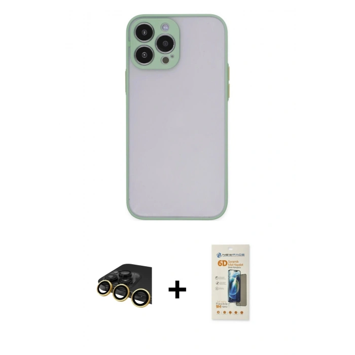 MARSİLYAN™- iPhone 13 Pro Max Kılıf Ahenk Çizgi Serisi - Siyah 6D Mat Seramik Hayalet Nano Ekran Koruyucu + Raze Metal Kamera Lens - GD