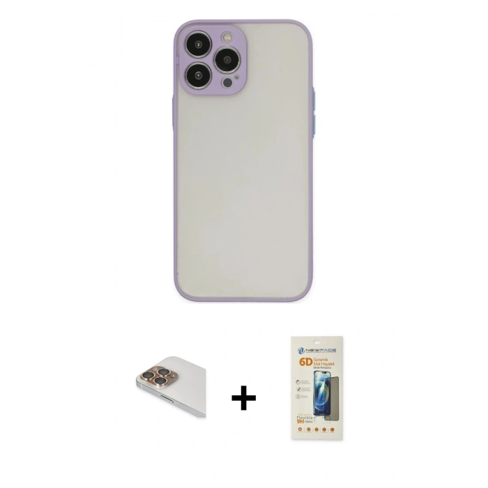 MARSİLYAN™- iPhone 13 Pro Max Kılıf Ahenk Çizgi Serisi - Siyah 6D Mat Seramik Hayalet Nano Ekran Koruyucu + Pers Alüminyum Kamera Lens - GD
