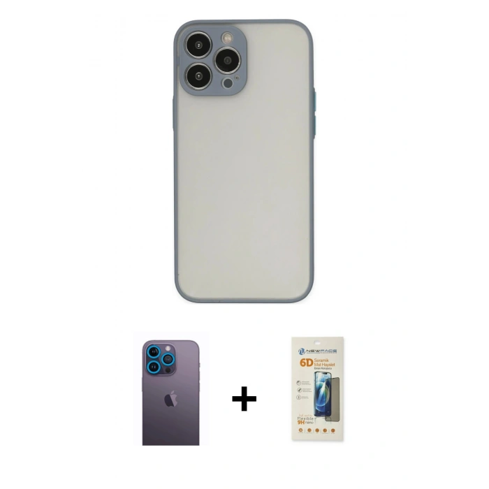MARSİLYAN™- iPhone 13 Pro Max Kılıf Ahenk Çizgi Serisi - Siyah 6D Mat Seramik Hayalet Nano Ekran Koruyucu + Neon Fosforlu Kamera Lens - MI