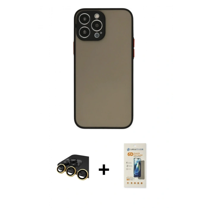 MARSİLYAN™- iPhone 13 Pro Max Kılıf Ahenk Çizgi Serisi - Siyah 6D Mat Seramik Hayalet Nano Ekran Koruyucu + Raze Metal Kamera Lens - GD
