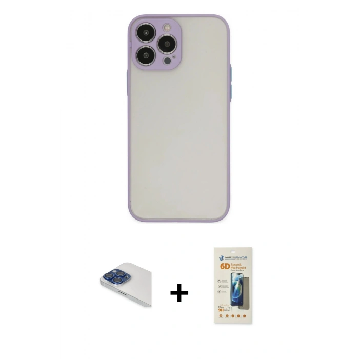 MARSİLYAN™- iPhone 13 Pro Max Kılıf Ahenk Çizgi Serisi - Siyah 6D Mat Seramik Hayalet Nano Ekran Koruyucu + Pers Alüminyum Kamera Lens - LT