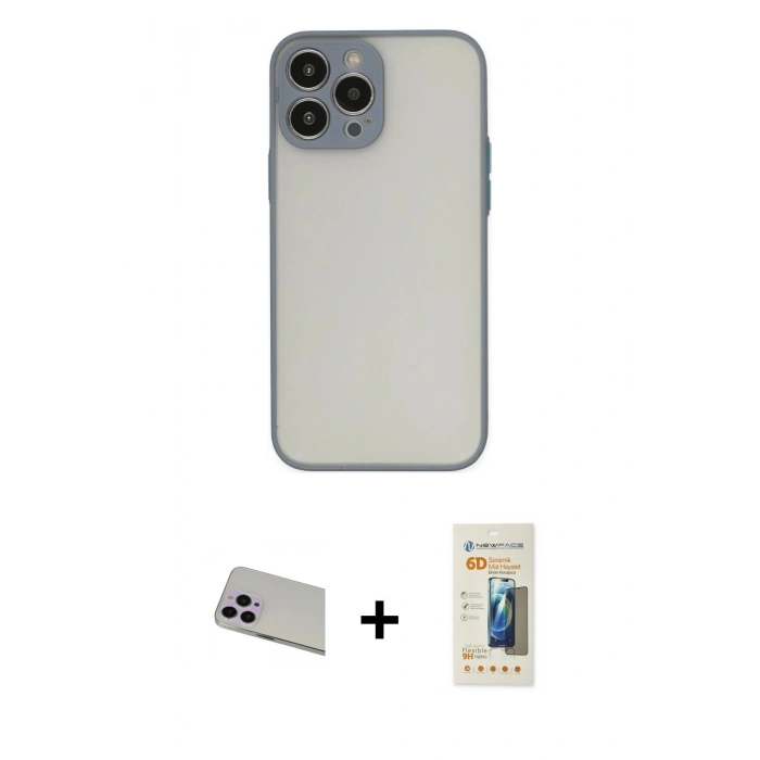 MARSİLYAN™- iPhone 13 Pro Max Kılıf Ahenk Çizgi Serisi - Siyah 6D Mat Seramik Hayalet Nano Ekran Koruyucu + Mor Rainbow Kamera Lens Koruma Cam