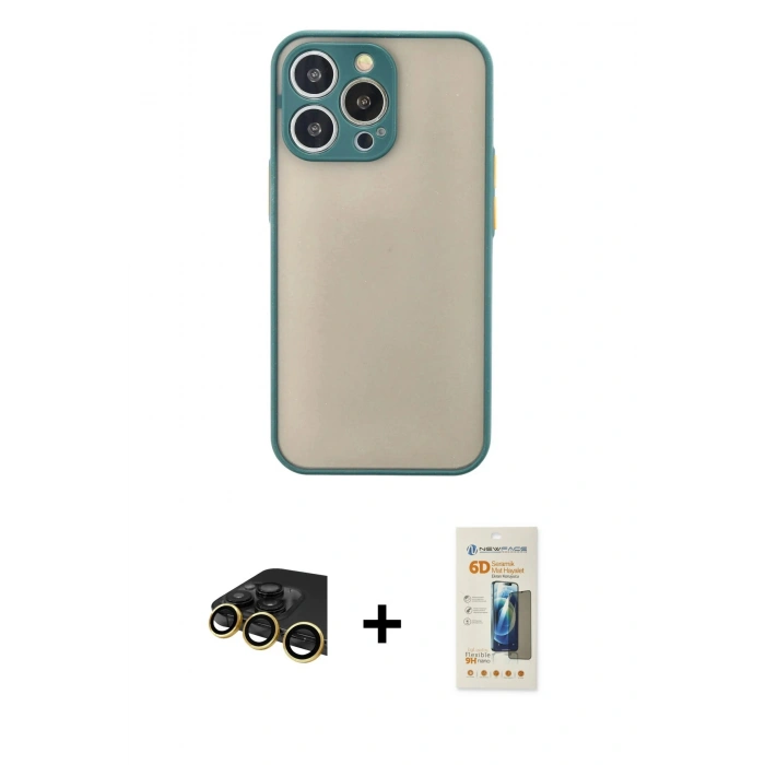 MARSİLYAN™- iPhone 13 Pro Max Kılıf Ahenk Çizgi Serisi - Siyah 6D Mat Seramik Hayalet Nano Ekran Koruyucu + Raze Metal Kamera Lens - GD