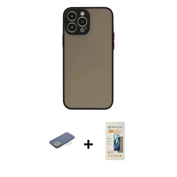 MARSİLYAN™- iPhone 13 Pro Max Kılıf Ahenk Çizgi Serisi - Siyah 6D Mat Seramik Hayalet Nano Ekran Koruyucu + Renkli Kamera Lens Koruma Cam - YL