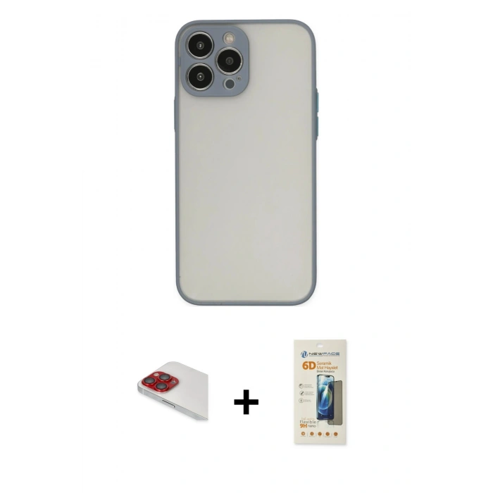 MARSİLYAN™- iPhone 13 Pro Max Kılıf Ahenk Çizgi Serisi - Siyah 6D Mat Seramik Hayalet Nano Ekran Koruyucu + Pers Alüminyum Kamera Lens - KI