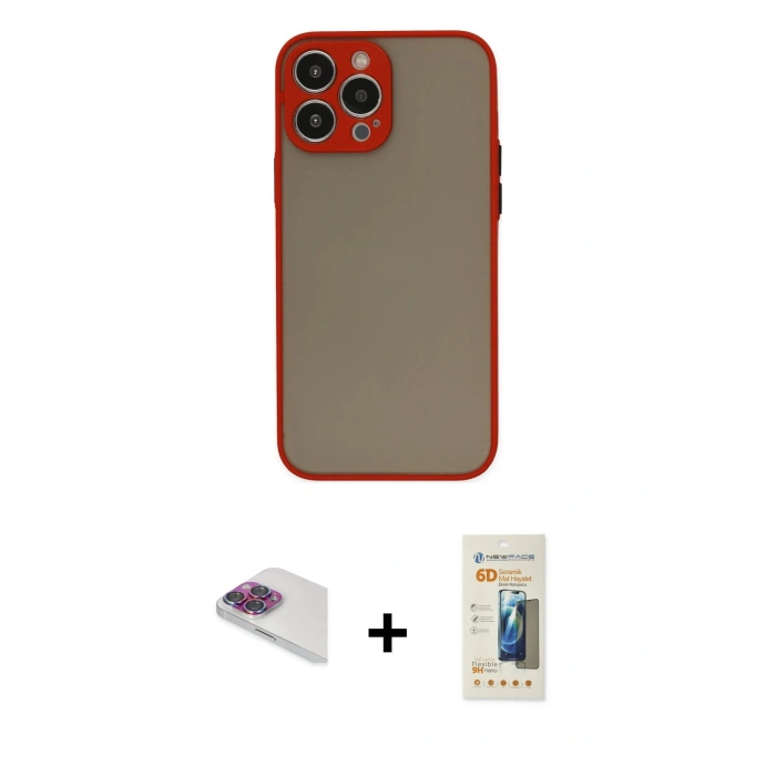 MARSİLYAN™- iPhone 13 Pro Max Kılıf Ahenk Çizgi Serisi - Siyah 6D Mat Seramik Hayalet Nano Ekran Koruyucu + Pers Alüminyum Kamera Lens - GI