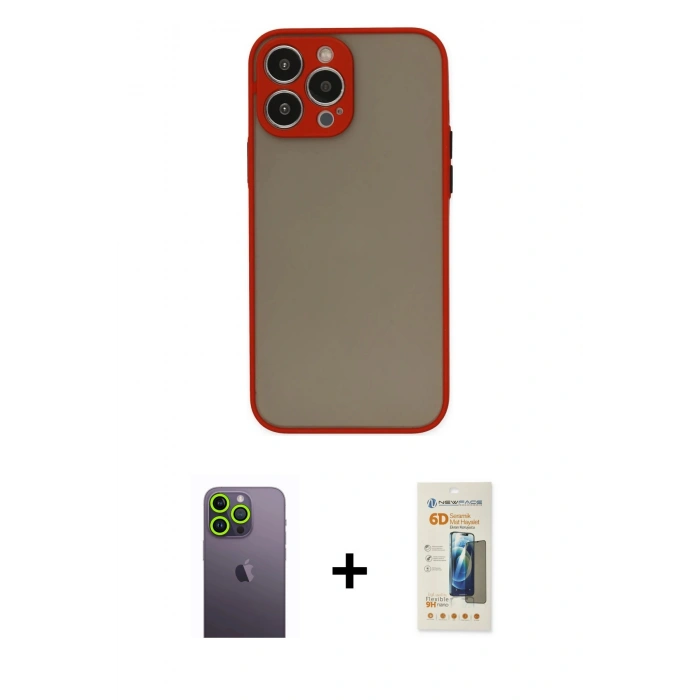 MARSİLYAN™- iPhone 13 Pro Max Kılıf Ahenk Çizgi Serisi - Siyah 6D Mat Seramik Hayalet Nano Ekran Koruyucu + Neon Fosforlu Kamera Lens - YL