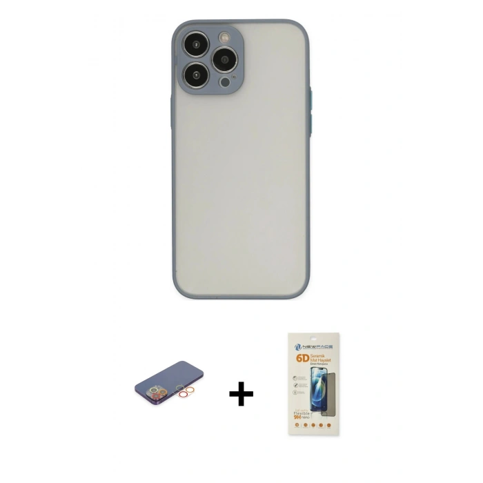 MARSİLYAN™- iPhone 13 Pro Max Kılıf Ahenk Çizgi Serisi - Siyah 6D Mat Seramik Hayalet Nano Ekran Koruyucu + Renkli Kamera Lens Koruma Cam - TU