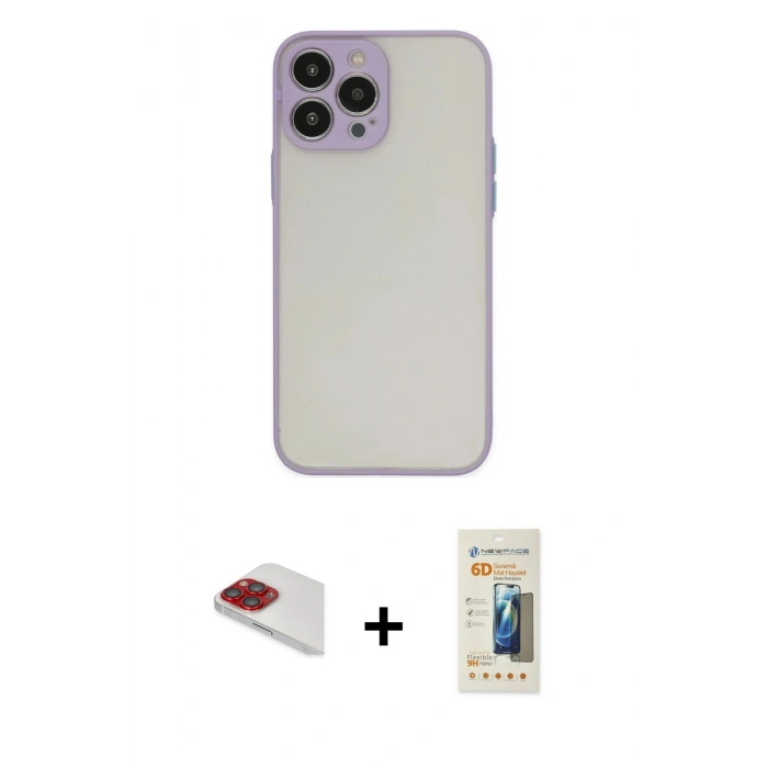 MARSİLYAN™- iPhone 13 Pro Max Kılıf Ahenk Çizgi Serisi - Siyah 6D Mat Seramik Hayalet Nano Ekran Koruyucu + Pers Alüminyum Kamera Lens - KI