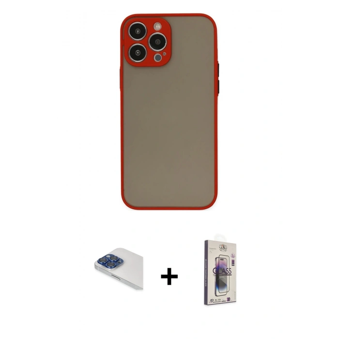 MARSİLYAN™- iPhone 13 Pro Max Kılıf Ahenk Çizgi Serisi - Siyah Bilvis 3D Cam Ekran Koruyucu + Lacivert Pers Alüminyum Kamera Lens