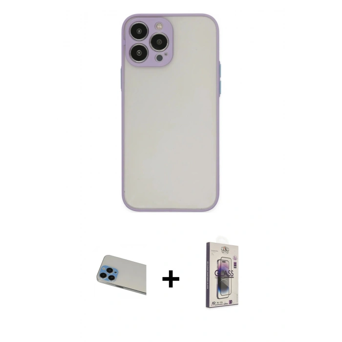 MARSİLYAN™- iPhone 13 Pro Max Kılıf Ahenk Çizgi Serisi - Siyah Bilvis 3D Cam Ekran Koruyucu + Mavi Rainbow Kamera Lens Koruma Cam