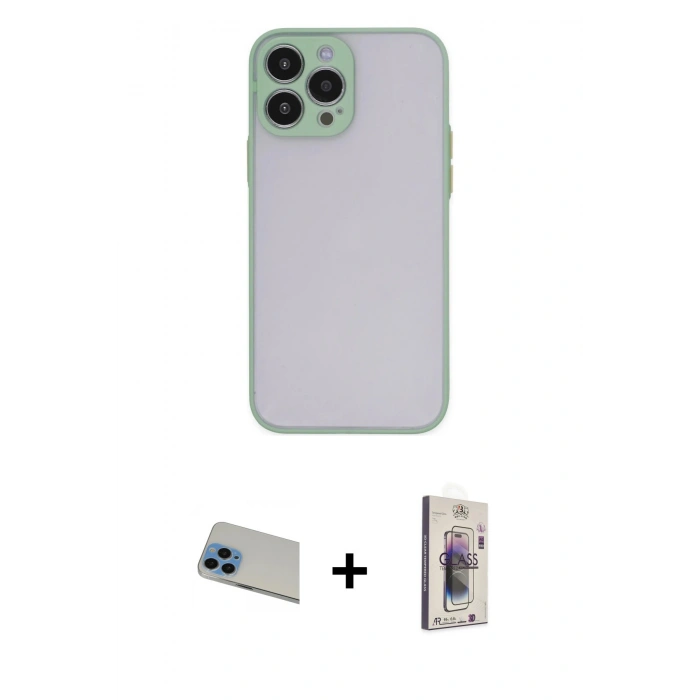 MARSİLYAN™- iPhone 13 Pro Max Kılıf Ahenk Çizgi Serisi - Siyah Bilvis 3D Cam Ekran Koruyucu + Mavi Rainbow Kamera Lens Koruma Cam