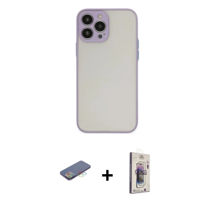 MARSİLYAN™- iPhone 13 Pro Max Kılıf Ahenk Çizgi Serisi - Siyah Bilvis 3D Cam Ekran Koruyucu + Mavi Renkli Kamera Lens Koruma Cam