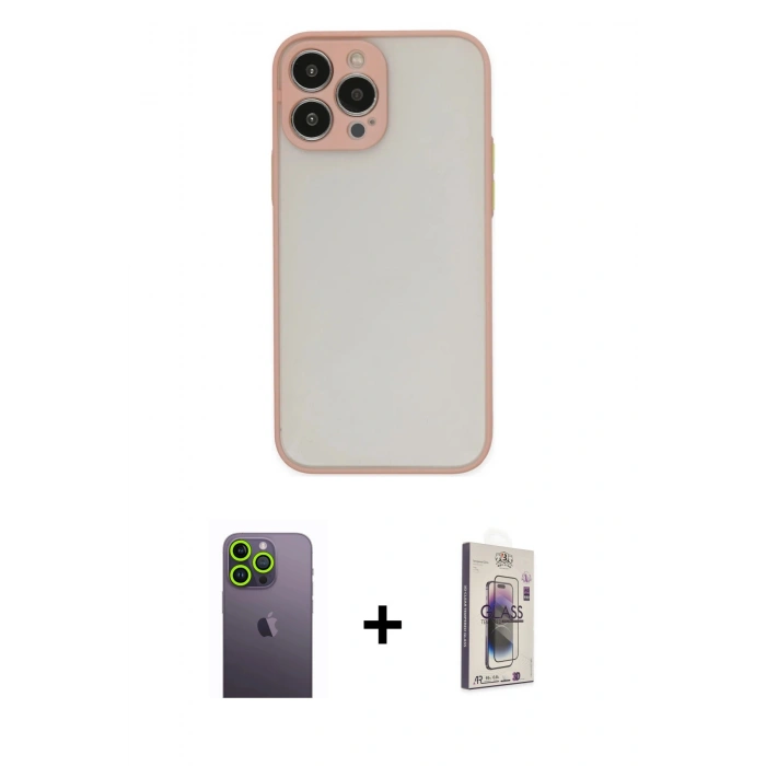MARSİLYAN™- iPhone 13 Pro Max Kılıf Ahenk Çizgi Serisi - Siyah Bilvis 3D Cam Ekran Koruyucu + Neon Fosforlu Kamera Lens - YL