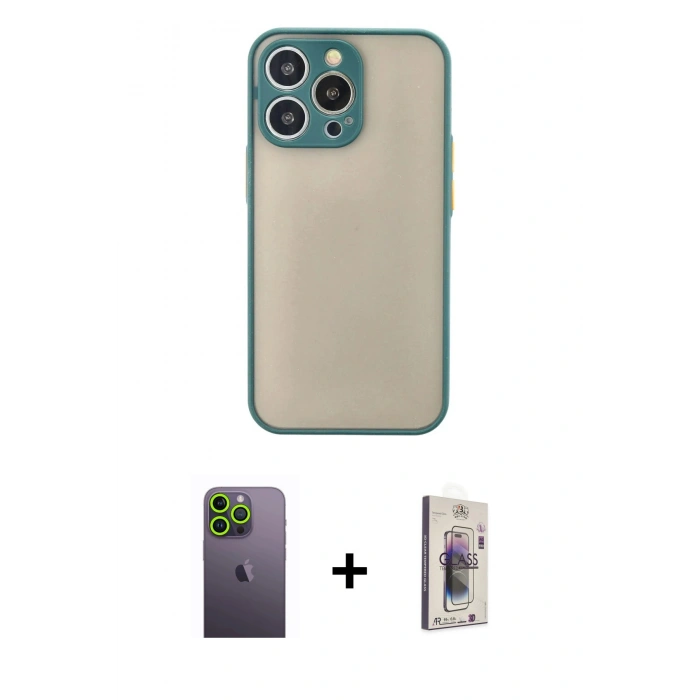 MARSİLYAN™- iPhone 13 Pro Max Kılıf Ahenk Çizgi Serisi - Siyah Bilvis 3D Cam Ekran Koruyucu + Neon Fosforlu Kamera Lens - YL