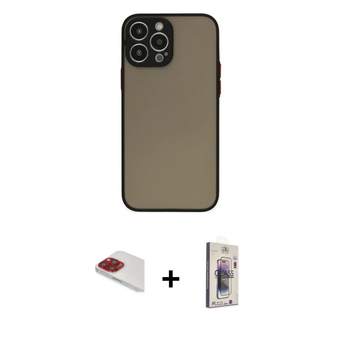 MARSİLYAN™- iPhone 13 Pro Max Kılıf Ahenk Çizgi Serisi - Siyah Bilvis 3D Cam Ekran Koruyucu + Pers Alüminyum Kamera Lens - KI