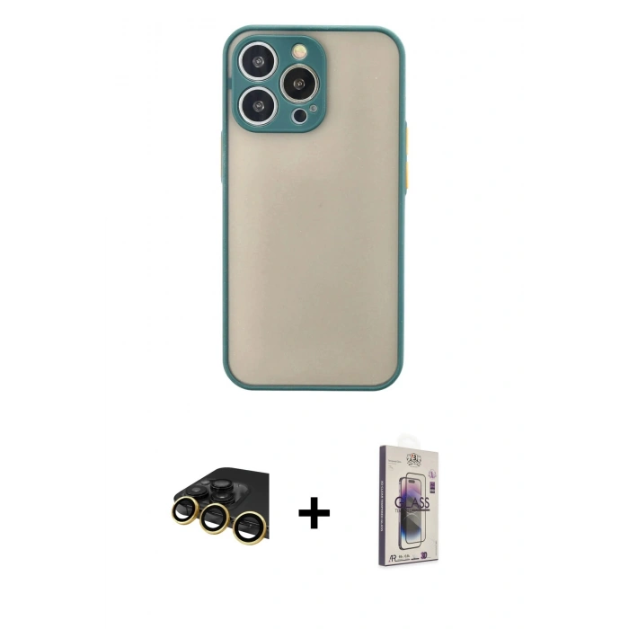 MARSİLYAN™- iPhone 13 Pro Max Kılıf Ahenk Çizgi Serisi - Siyah Bilvis 3D Cam Ekran Koruyucu + Raze Metal Kamera Lens - GD