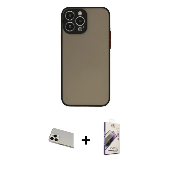 MARSİLYAN™- iPhone 13 Pro Max Kılıf Ahenk Çizgi Serisi - Siyah Bilvis 3D Mat Cam Ekran Koruyucu + Rainbow Kamera Lens Koruma Cam - BZ