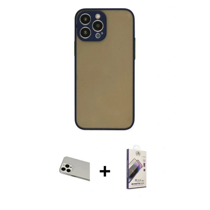 MARSİLYAN™- iPhone 13 Pro Max Kılıf Ahenk Çizgi Serisi - Siyah Bilvis 3D Mat Cam Ekran Koruyucu + Rainbow Kamera Lens Koruma Cam - BZ