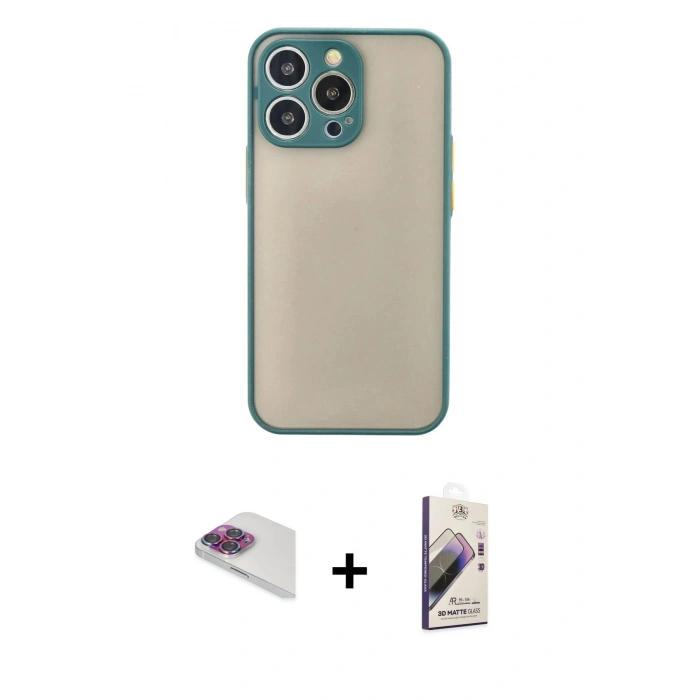 MARSİLYAN™- iPhone 13 Pro Max Kılıf Ahenk Çizgi Serisi - Siyah Bilvis 3D Mat Cam Ekran Koruyucu + Pers Alüminyum Kamera Lens - GI
