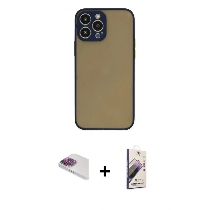 MARSİLYAN™- iPhone 13 Pro Max Kılıf Ahenk Çizgi Serisi - Siyah Bilvis 3D Mat Cam Ekran Koruyucu + Pers Alüminyum Kamera Lens - GI