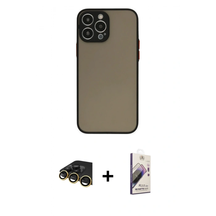 MARSİLYAN™- iPhone 13 Pro Max Kılıf Ahenk Çizgi Serisi - Siyah Bilvis 3D Mat Cam Ekran Koruyucu + Raze Metal Kamera Lens - GD