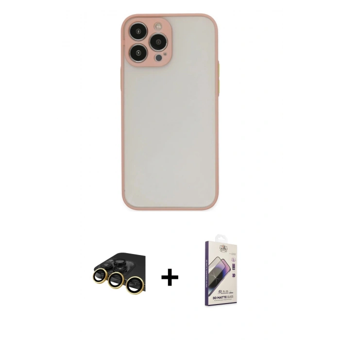 MARSİLYAN™- iPhone 13 Pro Max Kılıf Ahenk Çizgi Serisi - Siyah Bilvis 3D Mat Cam Ekran Koruyucu + Raze Metal Kamera Lens - GD