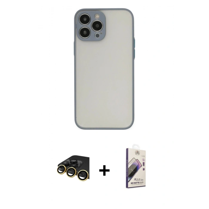 MARSİLYAN™- iPhone 13 Pro Max Kılıf Ahenk Çizgi Serisi - Siyah Bilvis 3D Mat Cam Ekran Koruyucu + Raze Metal Kamera Lens - GD
