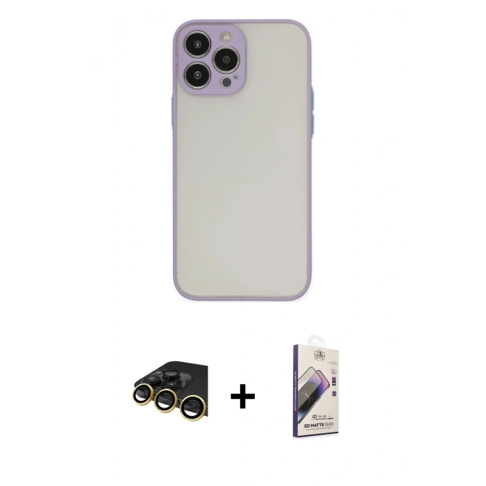MARSİLYAN™- iPhone 13 Pro Max Kılıf Ahenk Çizgi Serisi - Siyah Bilvis 3D Mat Cam Ekran Koruyucu + Raze Metal Kamera Lens - GD