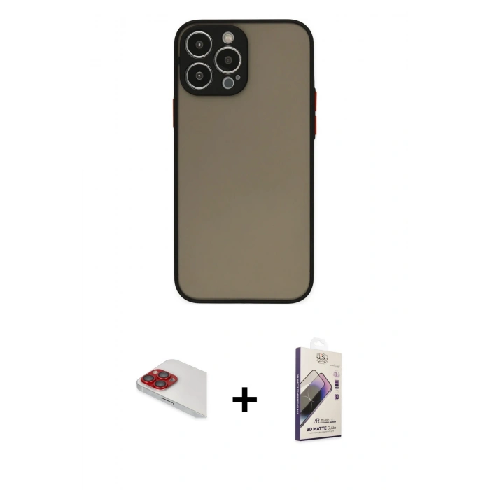 MARSİLYAN™- iPhone 13 Pro Max Kılıf Ahenk Çizgi Serisi - Siyah Bilvis 3D Mat Cam Ekran Koruyucu + Pers Alüminyum Kamera Lens - KI