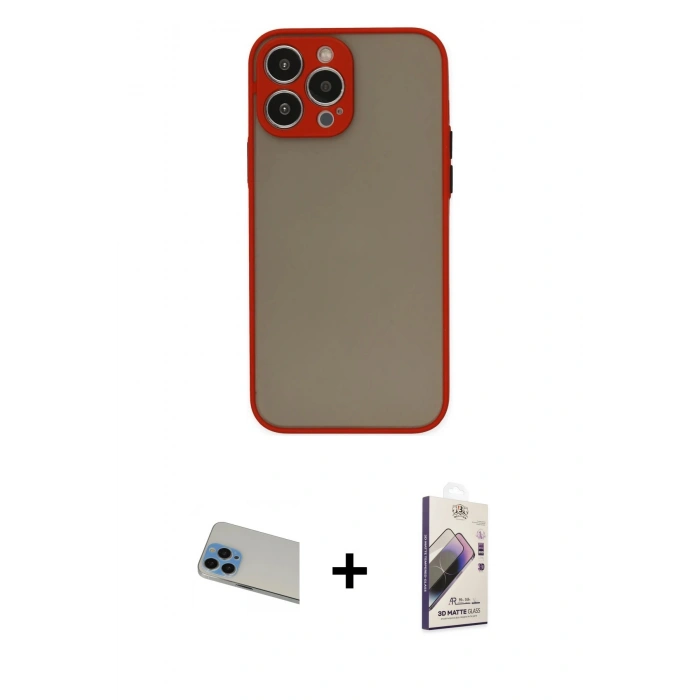 MARSİLYAN™- iPhone 13 Pro Max Kılıf Ahenk Çizgi Serisi - Siyah Bilvis 3D Mat Cam Ekran Koruyucu + Rainbow Kamera Lens Koruma Cam - MI